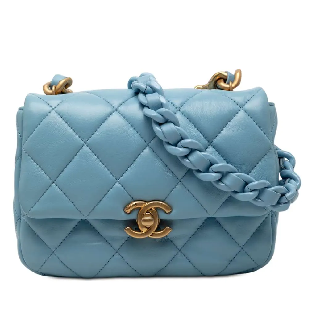 Chanel Mini Quilted Lambskin Lacquered Chain Flap Blue Leather Very good - Front View