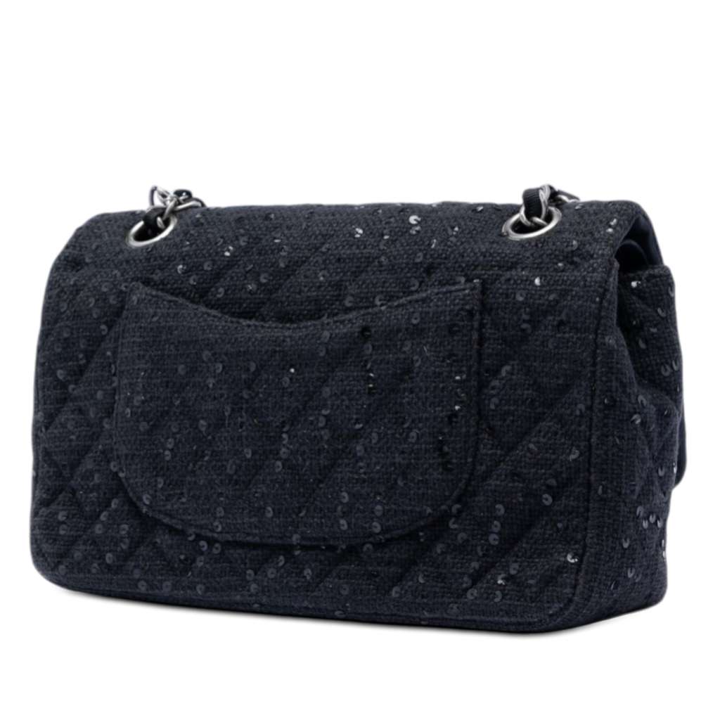 Chanel Medium Classic Tweed Sequin Double Flap Black Tweed Good condition - Back View