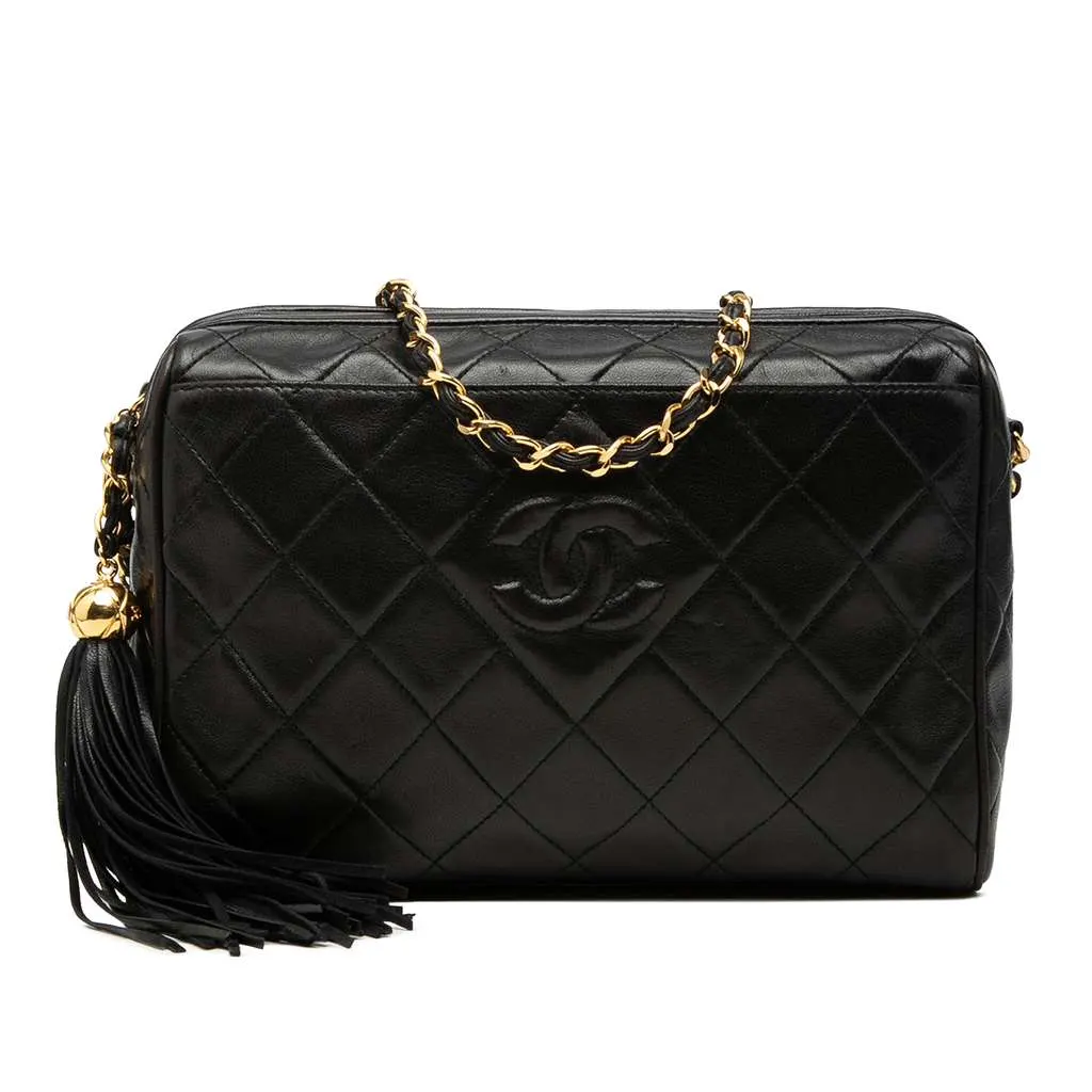 Chanel CC Diamond Quilted Lambskin Tassel Camera Bag Black Leather Very good - Front View