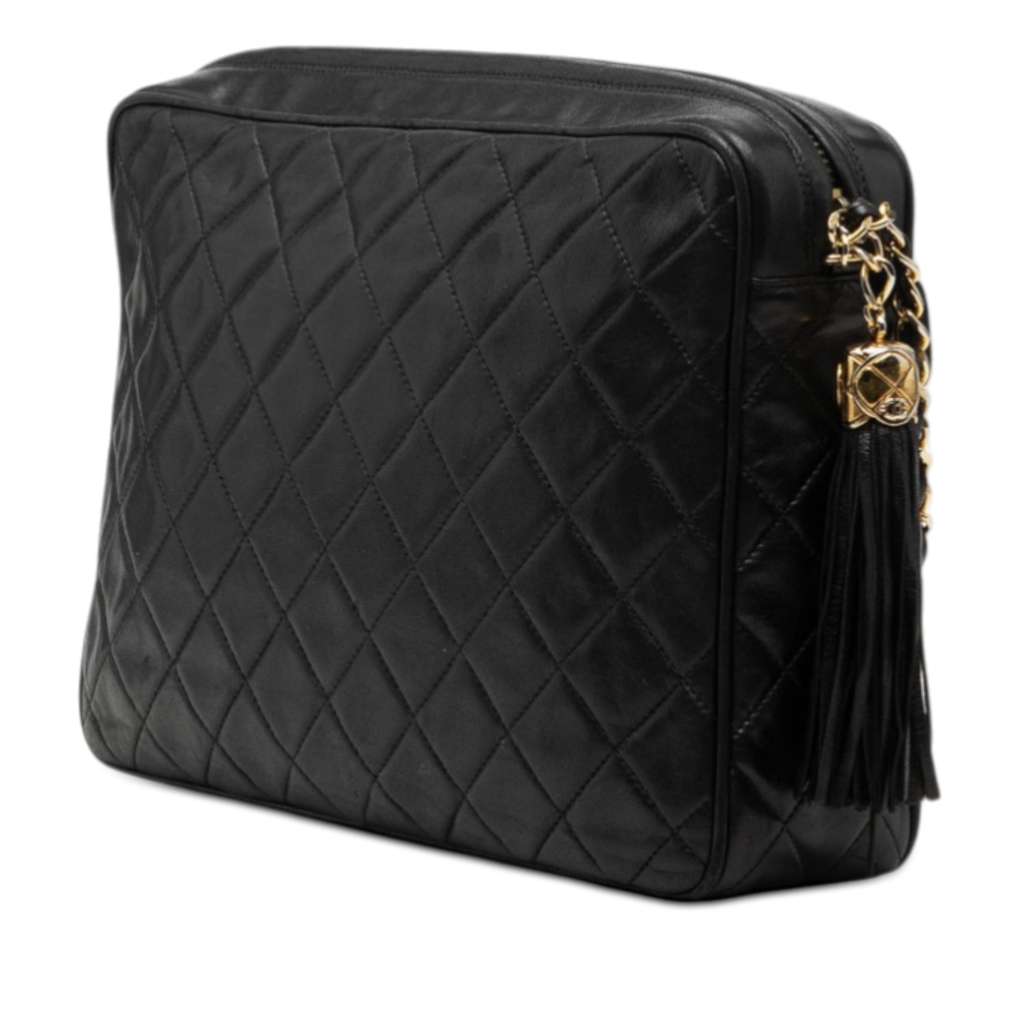 Chanel CC Quilted Lambskin Tassel Flap Camera Bag Black Leather Fair condition - Back View