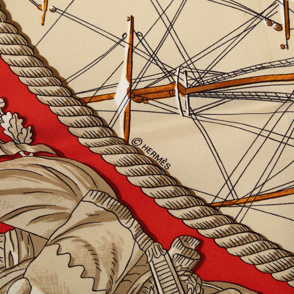 Hermès Marine et Cavalerie Silk Scarf 90 Red Silk Good condition - Model View