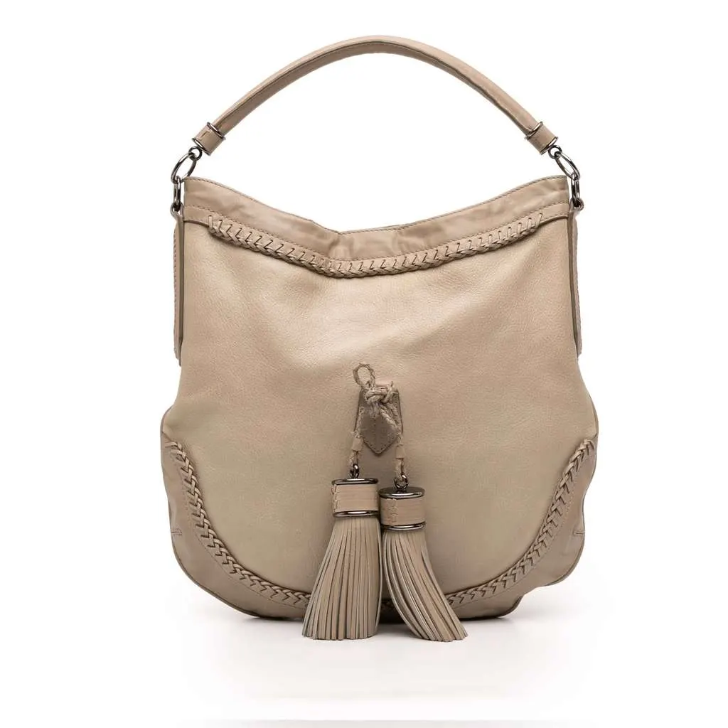 Burberry Leather Tassel Hobo Bag Beige Leather Good - Front View