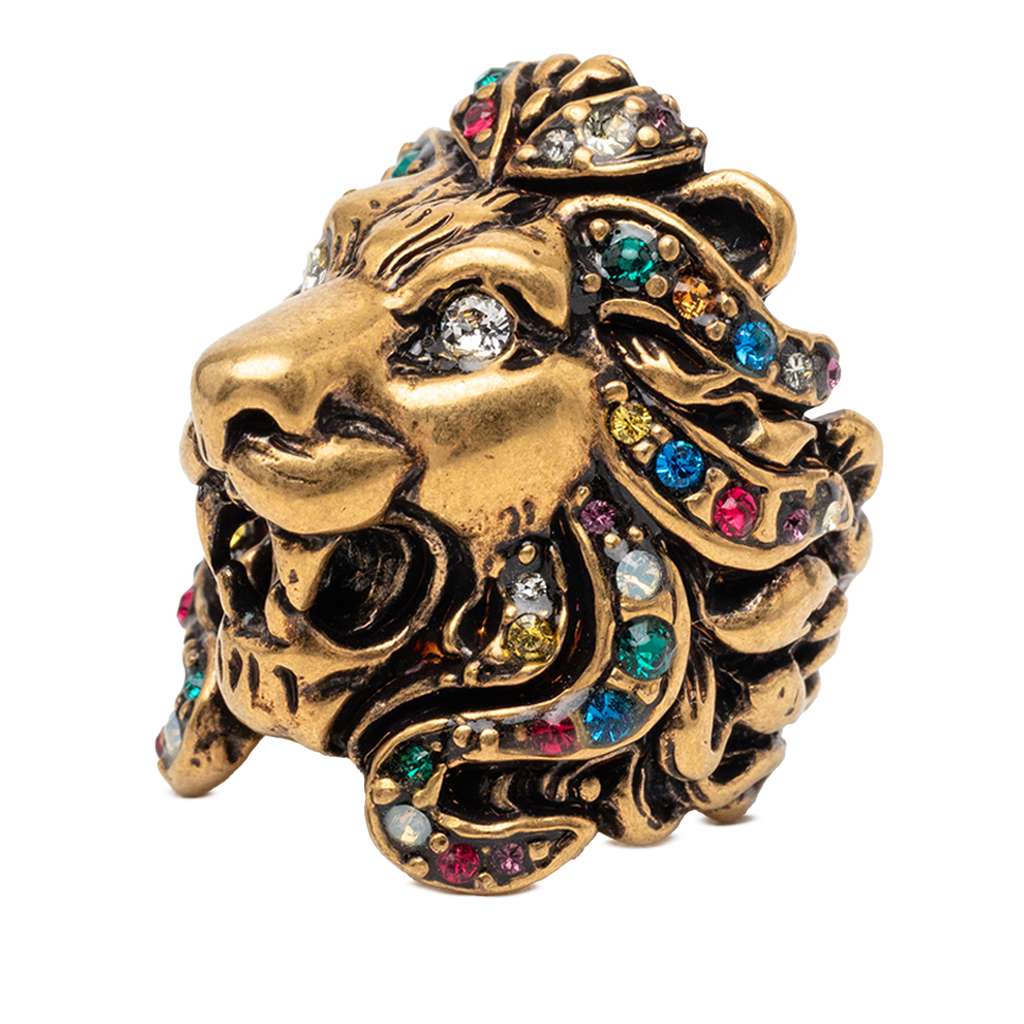 Gucci Gold Plated Crystal Lion Head Ring Gold Metal Very good condition - Back View