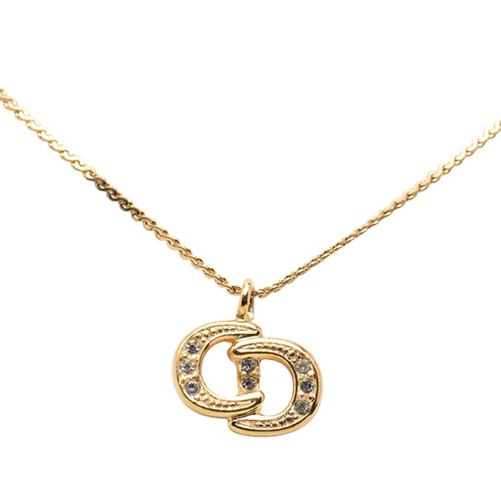 Dior Gold Plated Rhinestone CD Logo Pendant Necklace Gold Metal Good condition - Back View