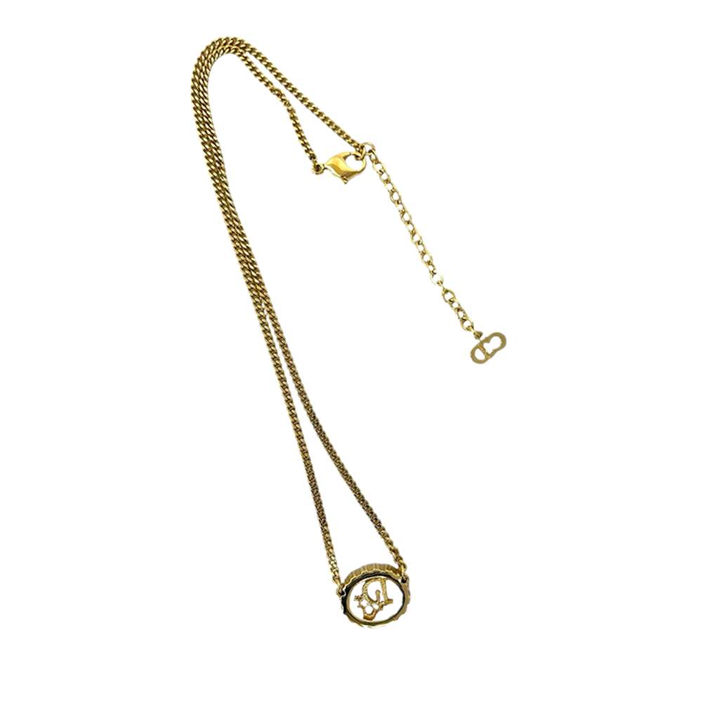 Dior Gold Plated Rhinestone Logo Oval Pendant Necklace Gold Metal Good condition - Back View