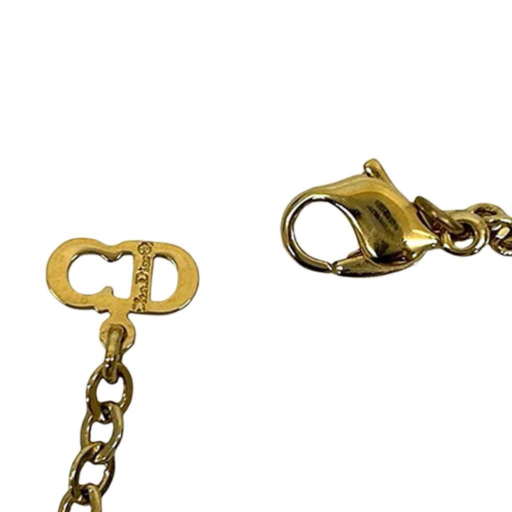 Dior Gold Plated Rhinestone Logo Oval Pendant Necklace Gold Metal Good condition - Model View