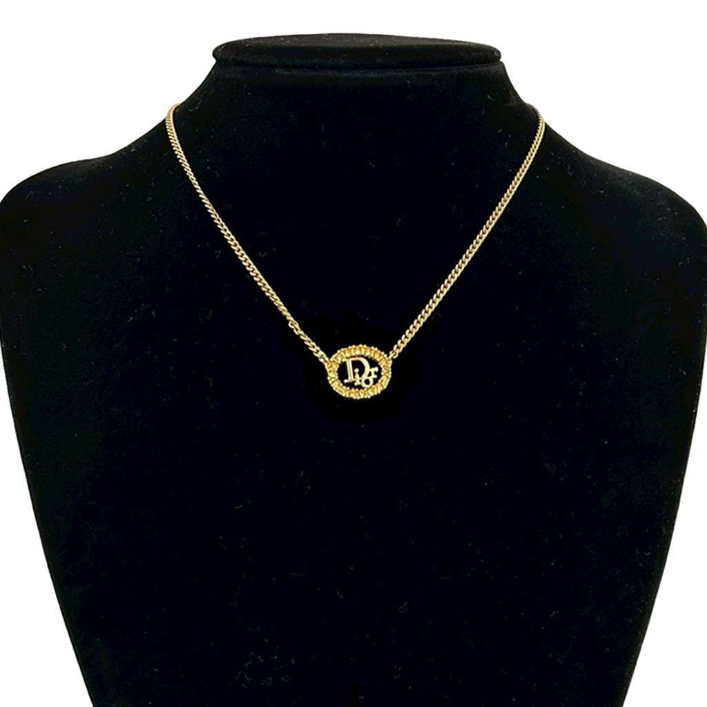 Dior Gold Plated Rhinestone Logo Oval Pendant Necklace Gold Metal Good condition - Box View