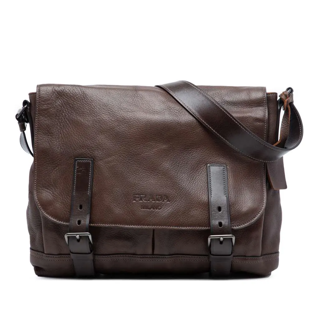 Prada Leather Buckle Messenger Bag Brown Leather Very good - Front View