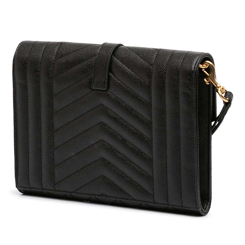 Saint Laurent Grain De Poudre Triquilt Monogram Envelope Clutch Black Leather Good condition - Back View