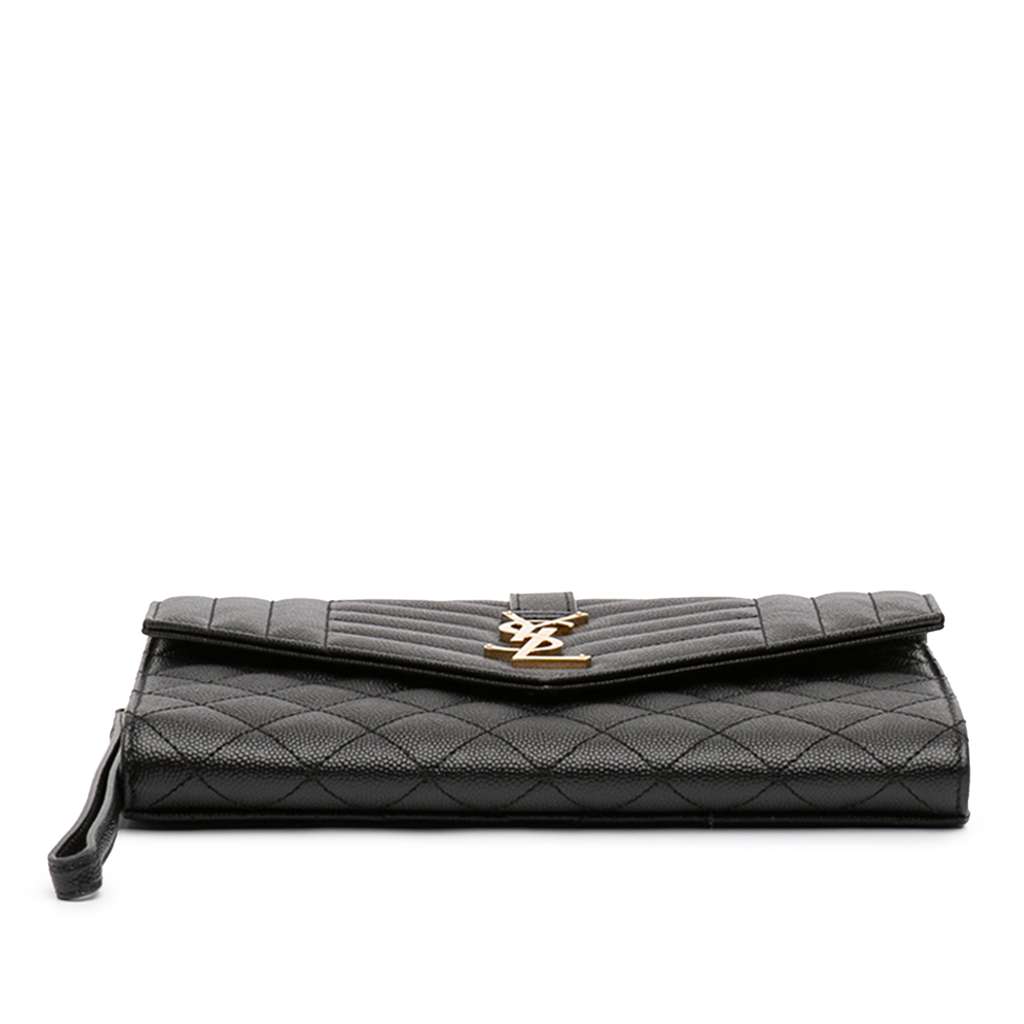 Saint Laurent Grain De Poudre Triquilt Monogram Envelope Clutch Black Leather Good condition - Inside View
