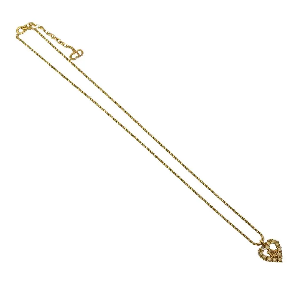 Dior Gold Plated Rhinestone Logo Heart Pendant Necklace Gold Metal Very good - Front View