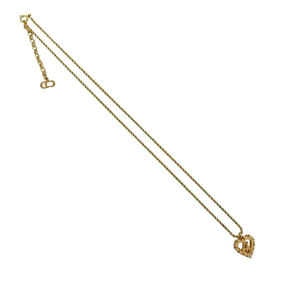 Dior Gold Plated Rhinestone Logo Heart Pendant Necklace Gold Metal Very good - Back View