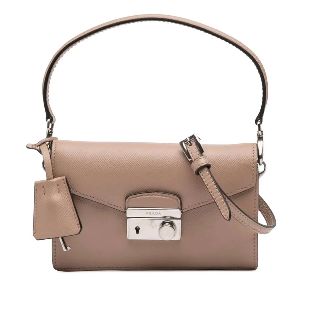Prada Mini Saffiano Lux Sound Lock Satchel Beige Leather Very good - Front View