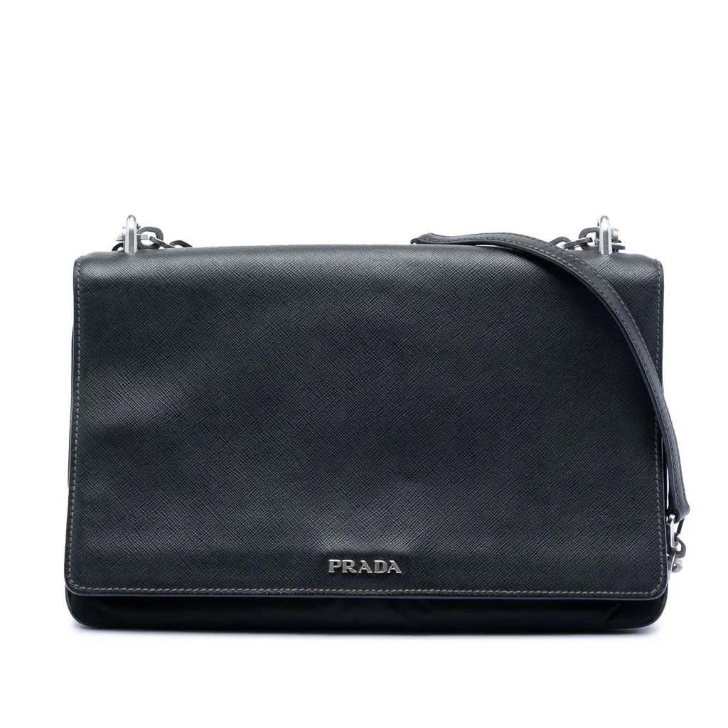 Prada Saffiano Lux and Tessuto Chain Crossbody Black Leather Very good - Front View