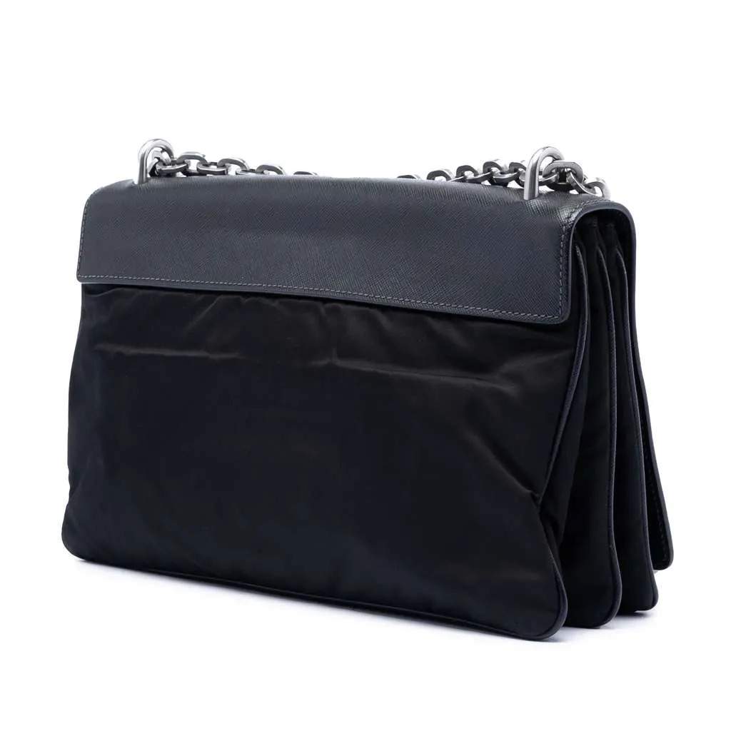 Prada Saffiano Lux and Tessuto Chain Crossbody Black Leather Very good - Back View