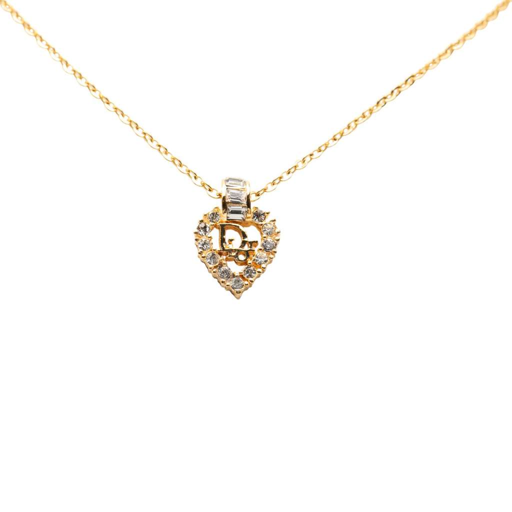 Dior Gold Plated Rhinestone Logo Heart Pendant Necklace Gold Metal Good condition - Back View