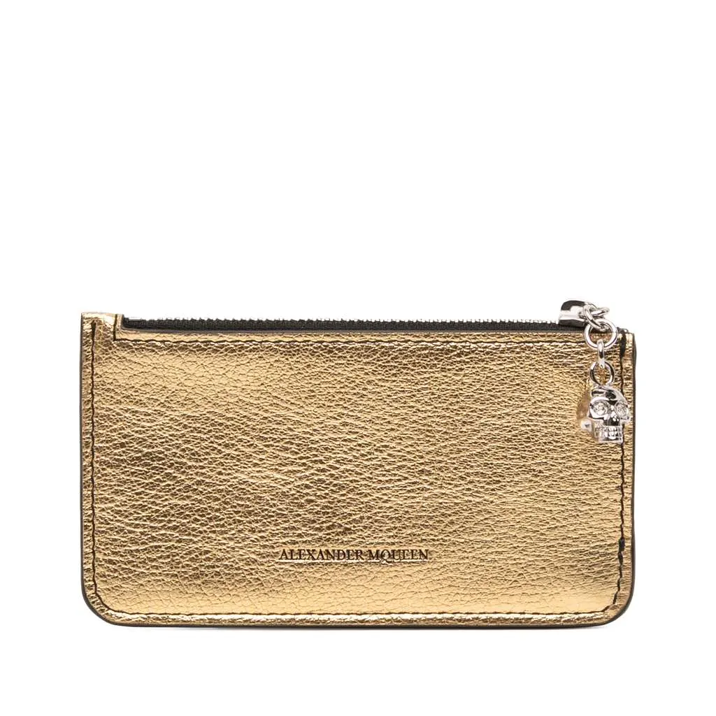 Alexander McQueen Metallic Leather Skull Charm Zip Card Holder Gold Leather Very good - Front View