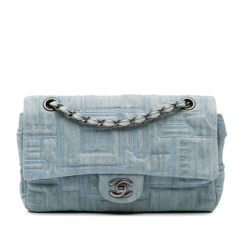 Chanel Medium Embroidered Denim Perfume Bottle Single Flap Blue Denim Very good - Front View