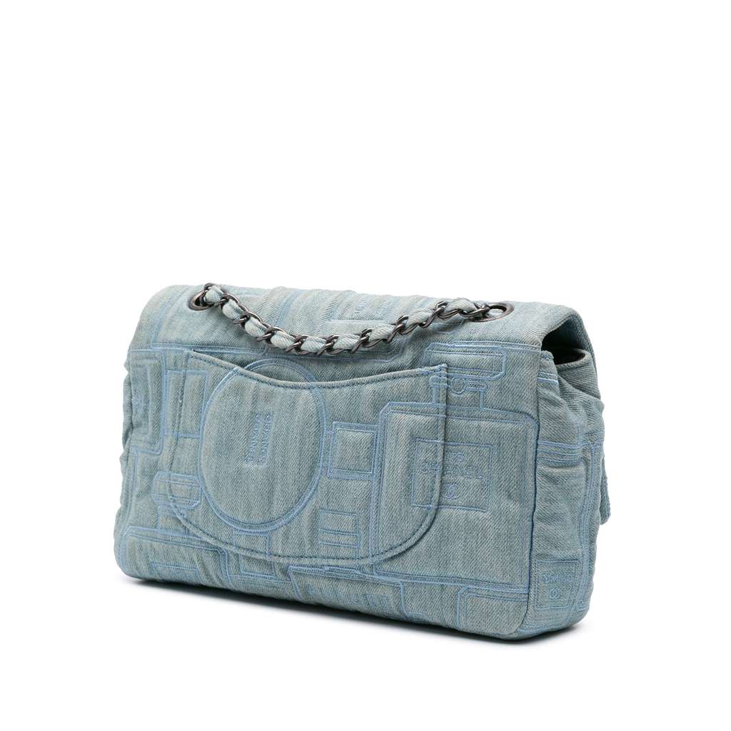 Chanel Medium Embroidered Denim Perfume Bottle Single Flap Blue Denim Good condition - Back View