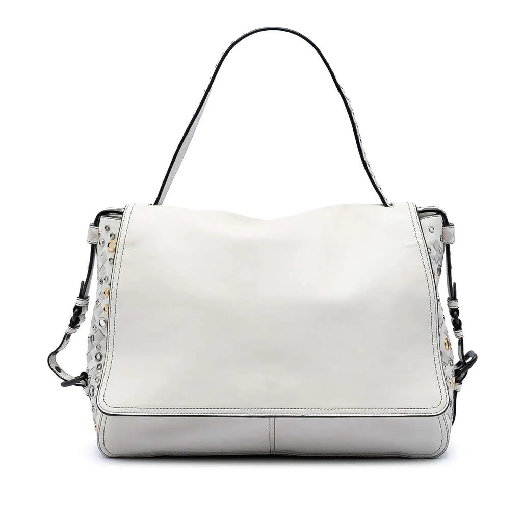 Bottega Veneta Intrecciato Trimmed Lambskin Grommet Top Handle Bag White Leather Very good - Front View