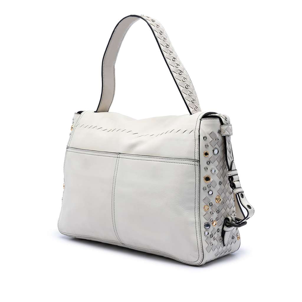 Bottega Veneta Intrecciato Trimmed Lambskin Grommet Top Handle Bag White Leather Good condition - Back View