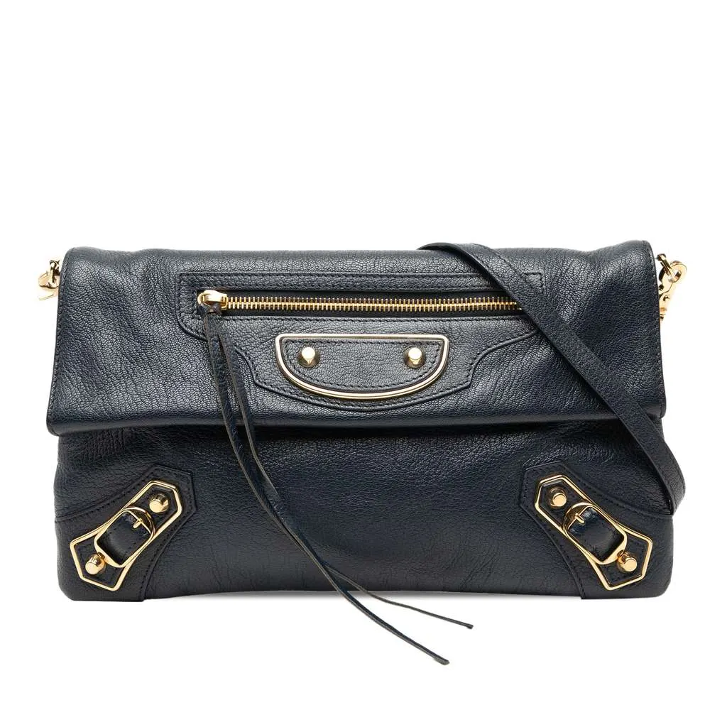 Balenciaga Chevre Motocross Classic Metallic Edge Envelope Clutch with Strap Blue Leather Very good - Front View
