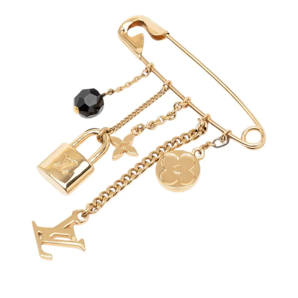 Louis Vuitton Gold Plated Monogram Charms Safety Pin Brooch Gold Metal Very good - Front View