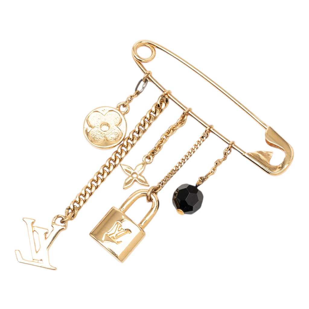 Louis Vuitton Gold Plated Monogram Charms Safety Pin Brooch Gold Metal Good condition - Back View