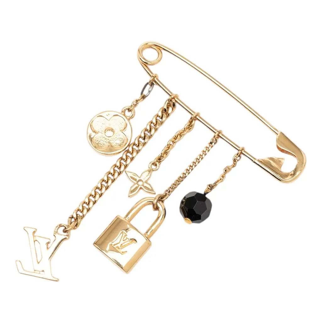 Louis Vuitton Gold Plated Monogram Charms Safety Pin Brooch Gold Metal Very good - Back View