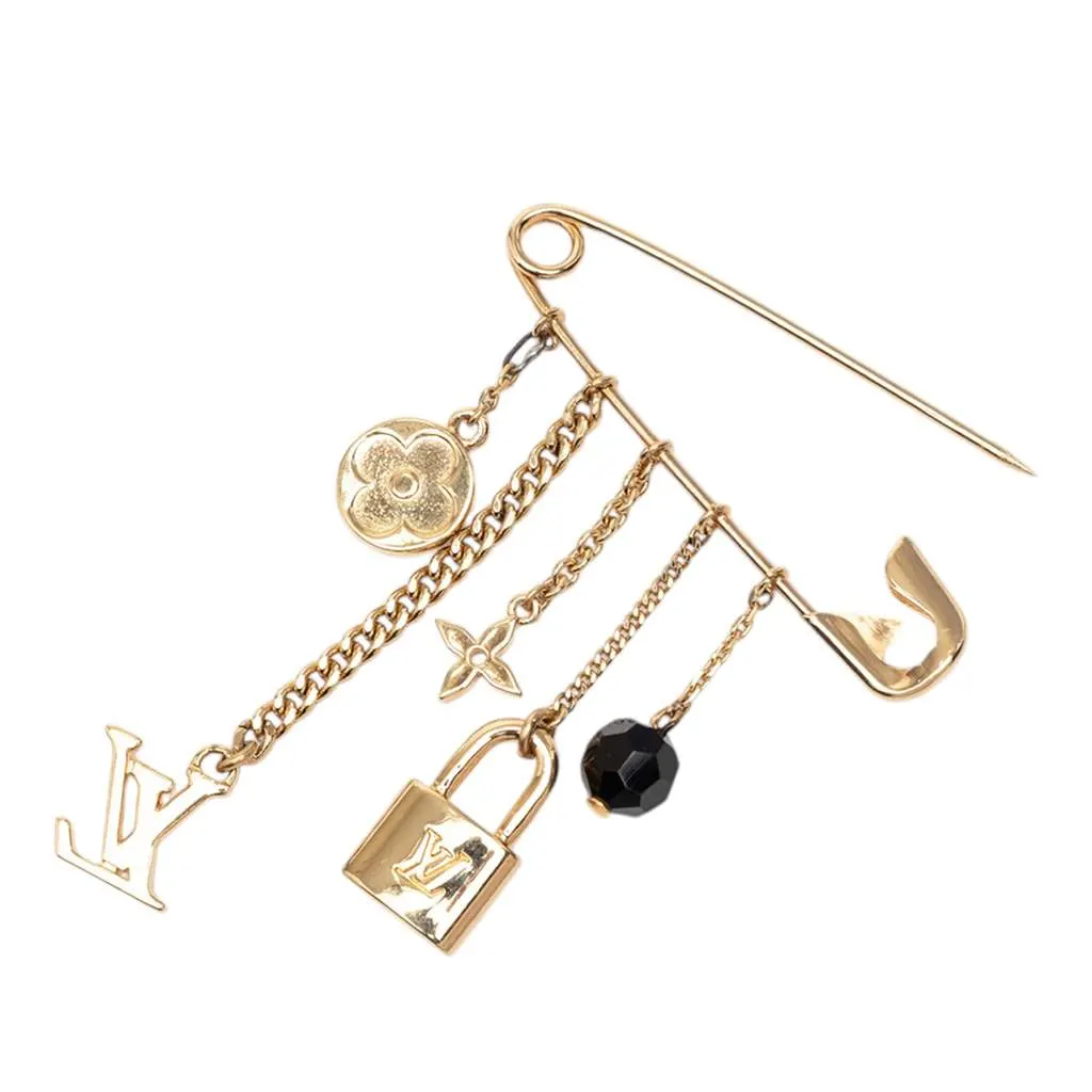 Louis Vuitton Gold Plated Monogram Charms Safety Pin Brooch Gold Metal Very good - Inside View