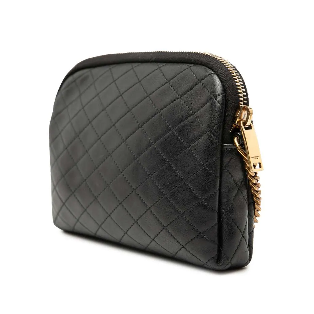 Saint Laurent Mini Quilted Lambskin Gaby Zippered Pouch Black Leather Very good - Back View
