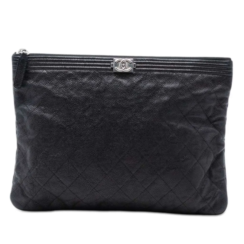 Chanel Medium Quilted Caviar Boy O Case Clutch Black Leather Good - Front View
