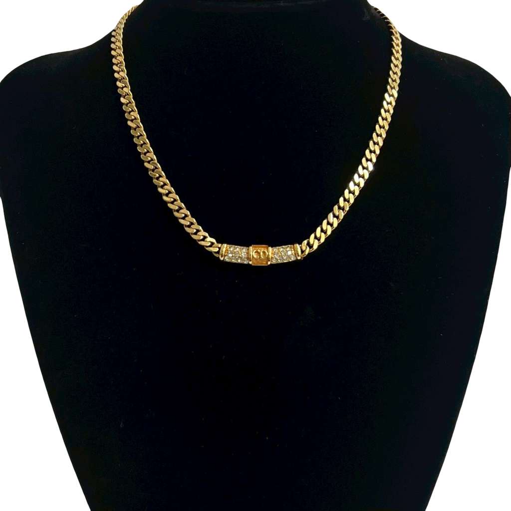 Dior Gold Plated CD Logo Rhinestone Cuban Chain Link Necklace Gold Metal Good condition - Model View