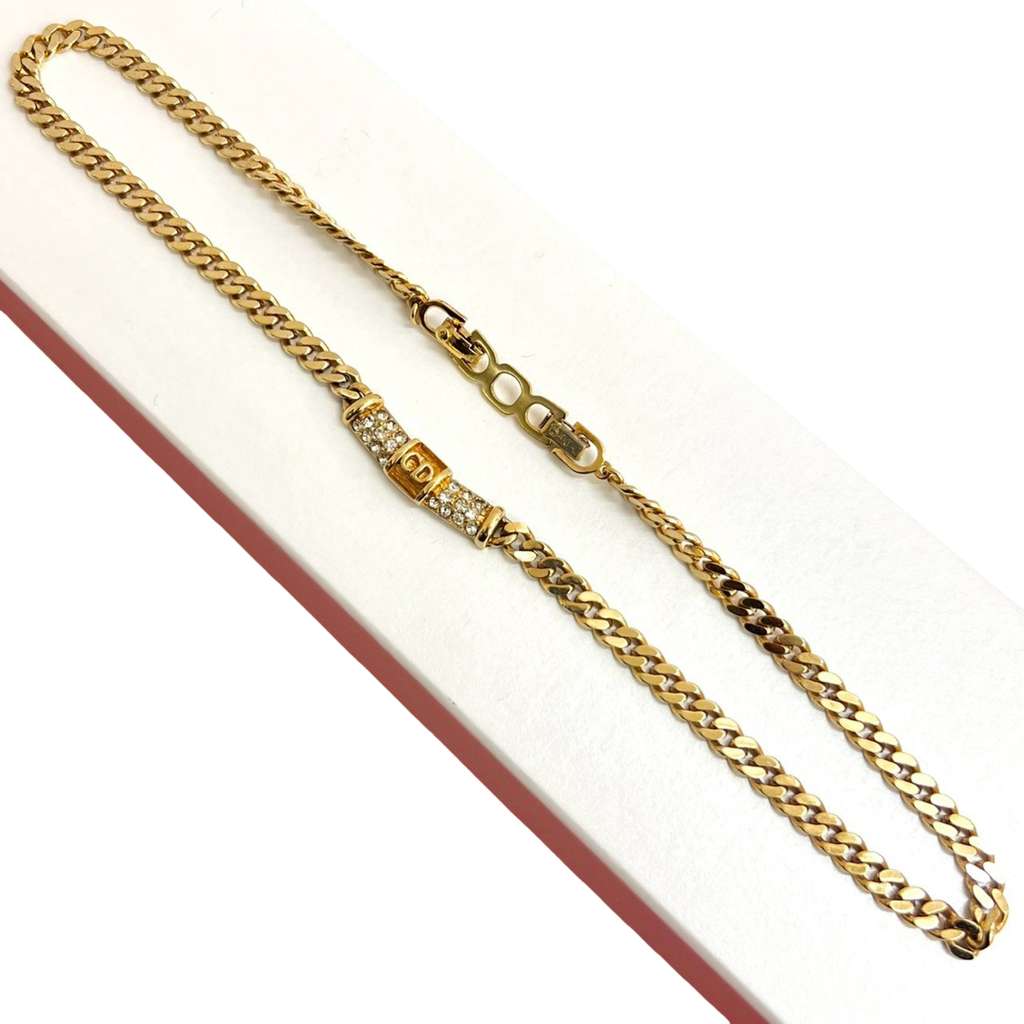 Dior Gold Plated CD Logo Rhinestone Cuban Chain Link Necklace Gold Metal Good condition - Box View
