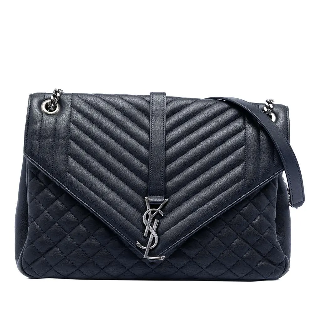 Saint Laurent Large Triquilt Sheepskin Monogram College Bag Blue Leather Very good - Front View