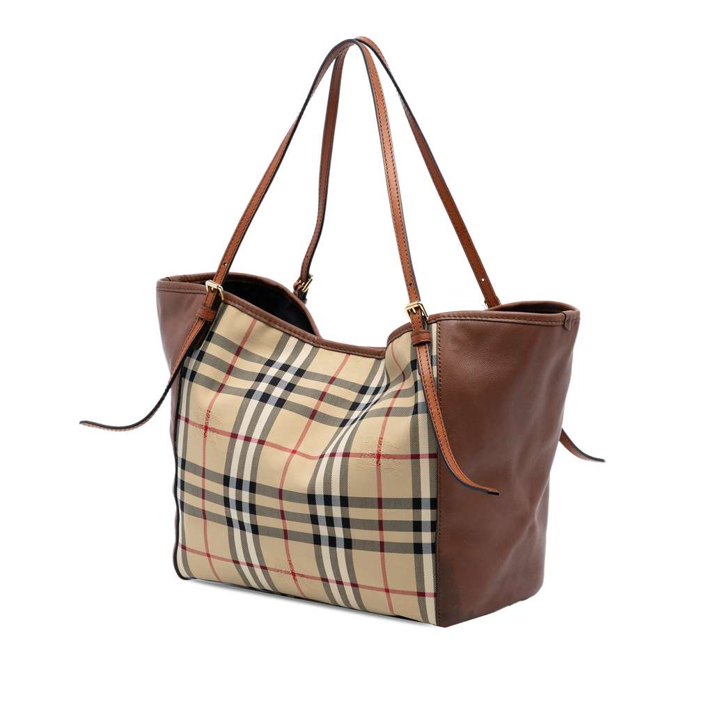 Burberry Small Leather Trimmed Haymarket Check Coated Canvas Canterbury Tote Beige Good condition - Back View