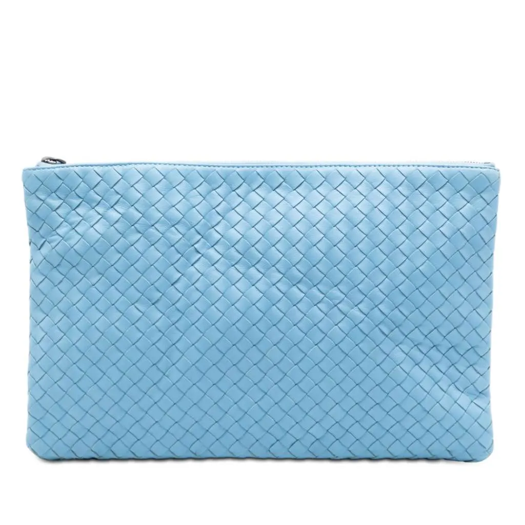 Bottega Veneta Medium Nappa Intrecciato Flat Pouch Blue Leather Very good - Front View