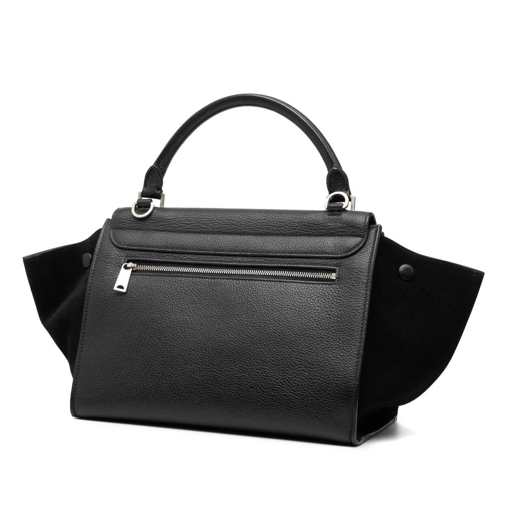 Celine Small Drummed Calfskin and Suede Trapeze Satchel Black Leather Good condition - Back View