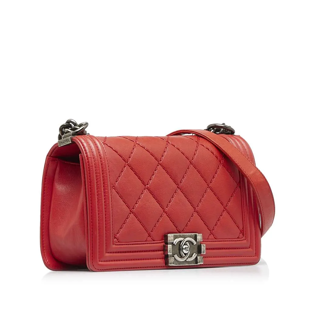 Chanel Old Medium Calfskin Double Stitch Boy Flap Red Leather Very good - Back View