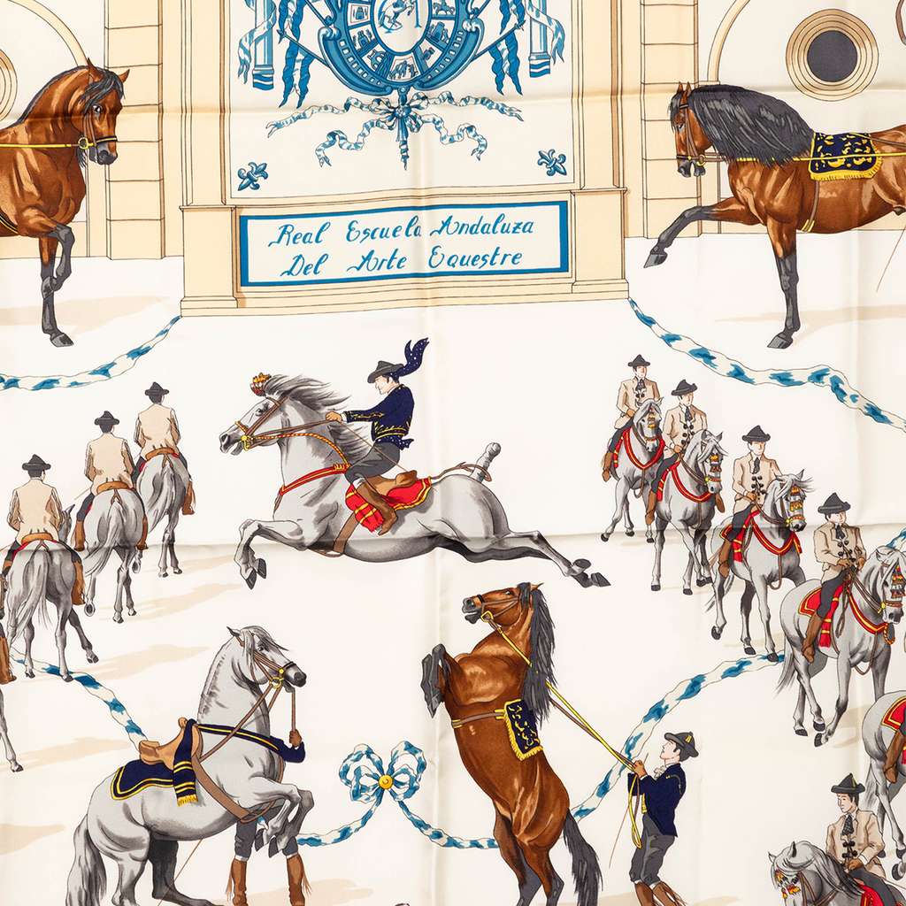 Hermès Real Escuela Andaluza Del Arte Ecuestre Silk Scarf 90 White Silk Good condition - Back View