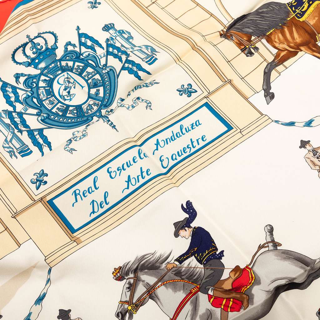 Hermès Real Escuela Andaluza Del Arte Ecuestre Silk Scarf 90 White Silk Good condition - Inside View