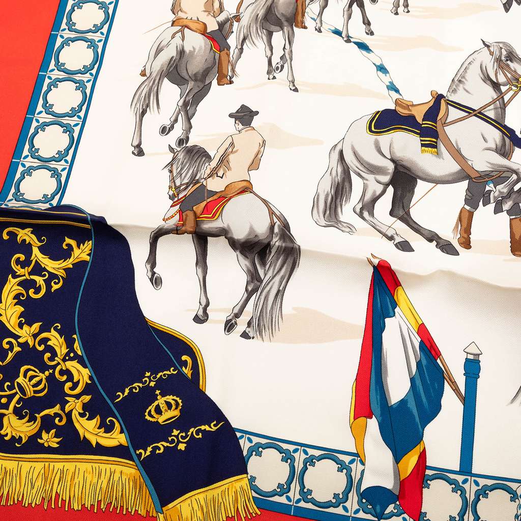 Hermès Real Escuela Andaluza Del Arte Ecuestre Silk Scarf 90 White Silk Good condition - Model View