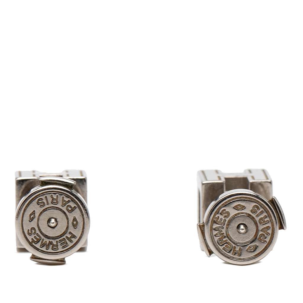 Hermès Palladium Plated Enamel Cage dH Cube Push Back Earrings Beige Metal Good condition - Back View