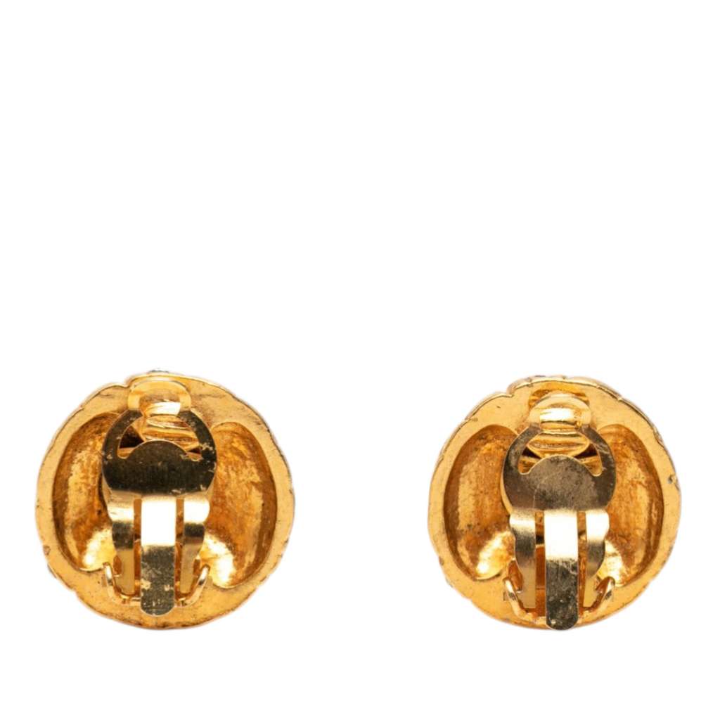 Chanel Gold Plated Rhinestone Quilted Round Clip On Earrings Gold Metal Good condition - Back View