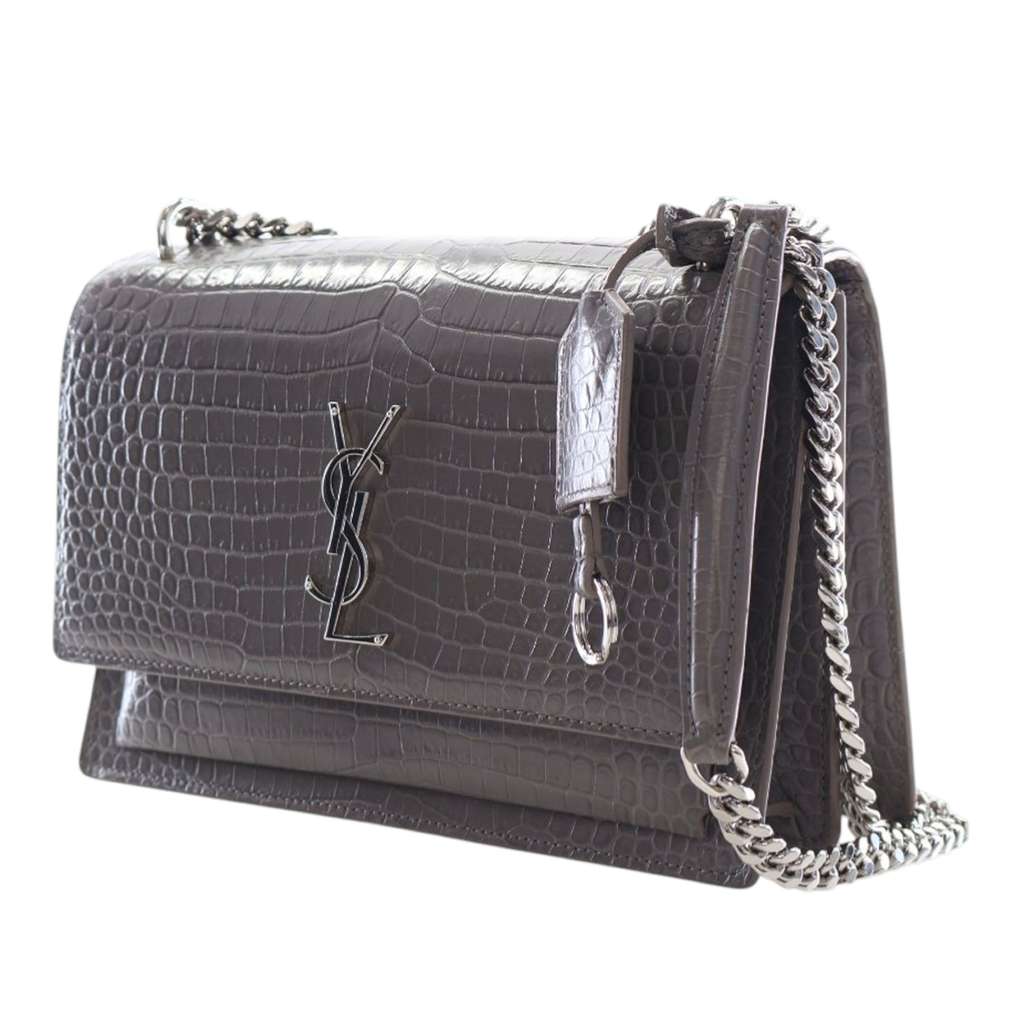 Saint Laurent Medium Croc Embossed Leather Monogram Sunset Crossbody Grey Leather Good condition - Back View