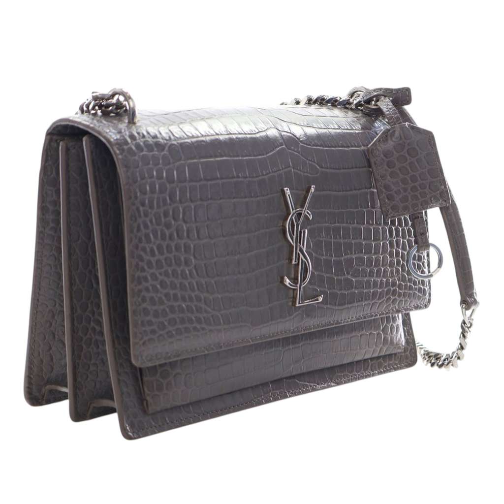 Saint Laurent Medium Croc Embossed Leather Monogram Sunset Crossbody Grey Leather Good condition - Inside View