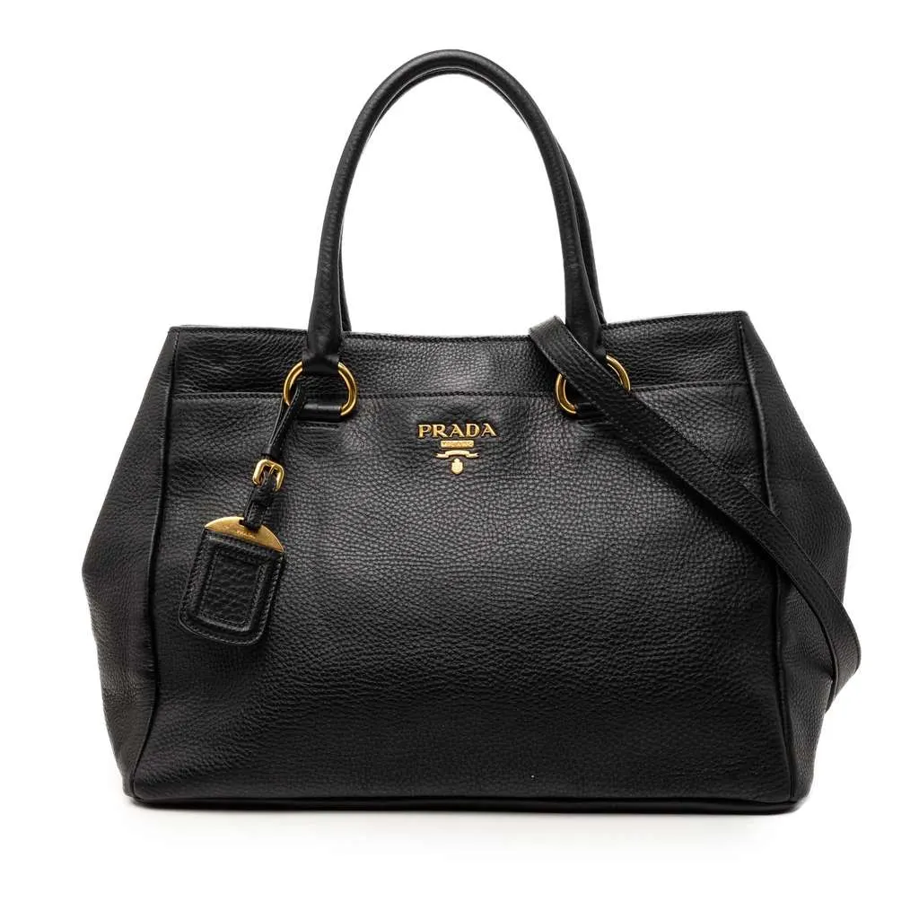 Prada Vitello Daino Open Convertible Tote Black Leather Very good - Front View