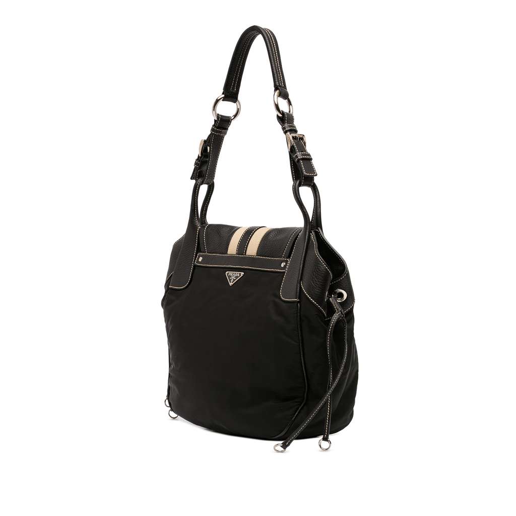 Prada Leather Trimmed Tessuto Buckle Shoulder Bag Black Good condition - Back View