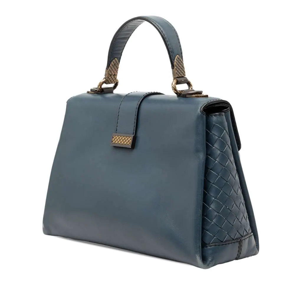 Bottega Veneta Small Intrecciato Trimmed Nappa Piazza Top Handle Satchel Blue Leather Very good - Back View