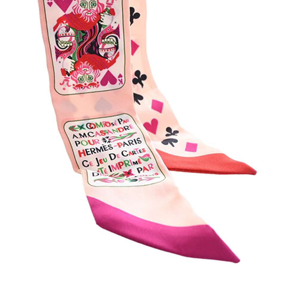 Hermès Jeu de Cartes Silk Twilly Scarf Pink Silk Good condition - Inside View